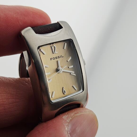 Fossil Women's Silver Rectangle Dial Watch Brown Woven Leather Link Band ES1117 - Picture 3 of 6